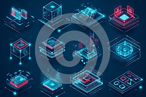 Abstract Isometric Neon Futuristic Technology Data Processing System Elements AI generated.