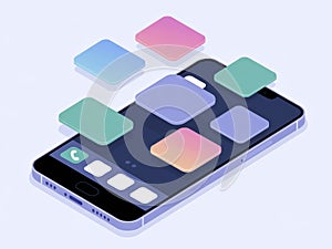 Abstract isometric smartphone with floating colorful app icons on light background