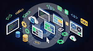 Abstract Isometric Web Development and Coding Concept with UI Design Elements