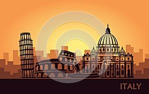 Abstract Italian cityscape with silhouettes of sights at sunset