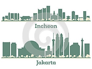 Abstract Jakarta Indonesia and Incheon South Korea City Skyline set with Color Buildings. Illustration. Business Travel and