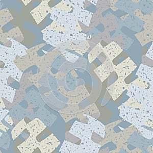 Abstract jigsaw puzzle vector seamless pattern. Neutral background with overlapping pieces and terrazzo texture.. Grunge