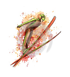 Abstract jumping skier from a splash of watercolor