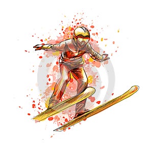Abstract jumping skier from a splash of watercolor