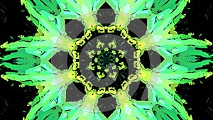 Abstract kaleidoscope background, unique star or flower shaped mandala. Motion. Concept of meditation and wellness.