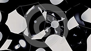 Abstract kaleidoscopic moving shapes. Design. Black and white glass pieces with moving stains reflections.