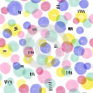 Abstract kids seamless pattern. Colorful watercolor dots repeating background. Hand drawn spots. Yellow, pink, blue