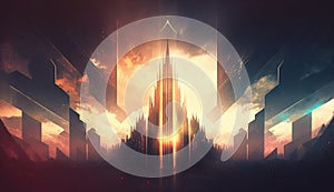 Abstract kingdom of heaven. Palace in the sky. Castle in the sky with sunset rays.