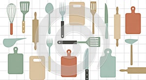 Abstract kitchen grid design with utensils as pattern