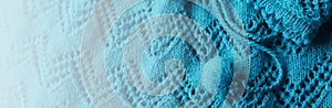 Turquoise blue White texture background from merino knitted blanket, scandinavian minimalism backdrop with copy space