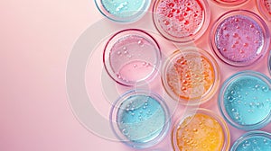 Abstract laboratory concept with Petri dishes containing glowing bacterial colonies with a pastel iridescent effect