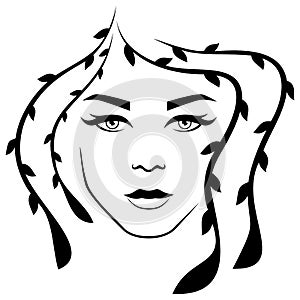 Abstract lady with stylized floral hair and with distinctive eyes, isolated on the white background vector for cosmetic products