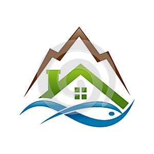 Abstract Lake House Fish Mountain Logo Symbol Design