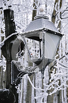 Abstract of Lamp post with touch of frost on a freezing winter day.