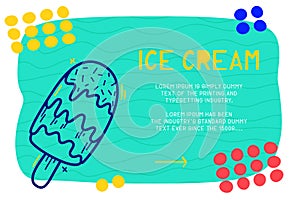 Abstract landing page pattern with different element, text block and doodle ice cream icon. Vector fun background