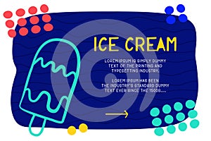 Abstract landing page pattern with different element, text block and doodle ice cream icon. Vector fun background
