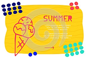 Abstract landing page pattern with different element, text block and doodle ice cream icon. Vector fun background