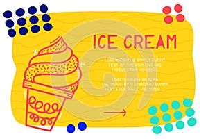 Abstract landing page pattern with different element, text block and doodle ice cream icon. Vector fun background