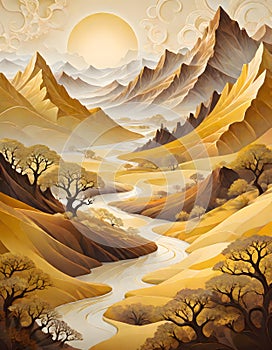 Abstract Landscape Artistry in Yellow, Brown, and White Colors, Generated with AI