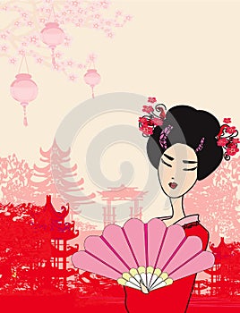 Abstract landscape with Asian girl  - Chinese New Year celebration