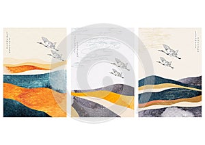 Abstract landscape background with crane birds and Japanese wave pattern vector. Watercolor texture in Chinese style. Mountain photo