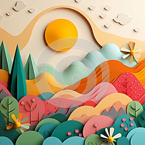 Abstract landscape background in style of paper art.