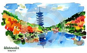 Abstract landscape. Chinese pagoda and lake