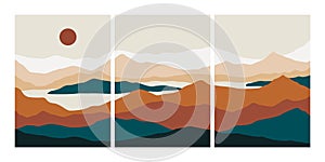 Abstract landscape collage. Minimalist posters mountains lake sea moon sun, contemporary vector wall art design for