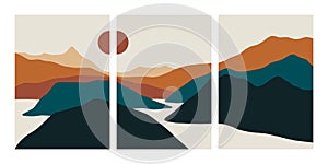 Abstract landscape collage. Minimalist posters mountains lake sea moon sun, contemporary wall art. Vector design for