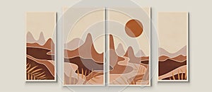 Abstract landscape composition art with sun and moon. Earth tones colors wall art. Soft color painting house decor