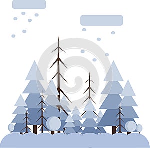 Abstract landscape design with white trees and clouds, snowing in a forest in winter, flat style