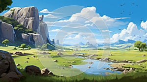 Serene Mountain Landscape In Disney Animation Style photo