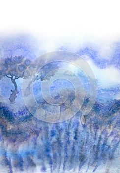 Abstract landscape with fog and trees in gray-blue tones, watercolor
