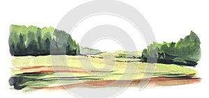 Abstract landscape. Green sunny summer valley small bushes groups of trees. Decor of bottom edge of the page, elongated banner