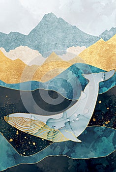 Abstraktné ilustrácie zlato, akvarel hora a veľryba. abstraktné tapeta na plochu a 