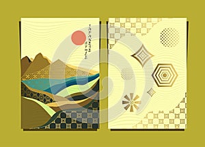 Abstract landscape in Japanese style. Mountains Sun and river or Sea with texture