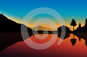 Abstract landscape with lake, mountains and cottage at sunset