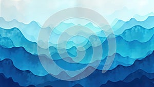 Abstract landscape with layered mountains. Azure, turquoise blue hues create serene effect. Gradient colors imitate misty morning photo