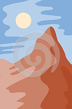 Abstract landscape modern background with mountains, clouds, sun, moon. Mid century modern minimalist art print