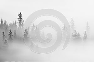 Abstract landscape in the mountains, with fog in the forest