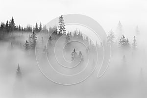 Abstract landscape in the mountains, with fog in the forest