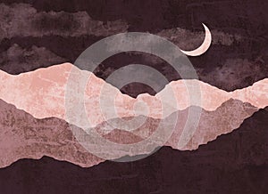 Abstract Landscape of Mountains with the Moon in a Minimal Trendy Style. Purple Colors for covers, Posters, Postcards