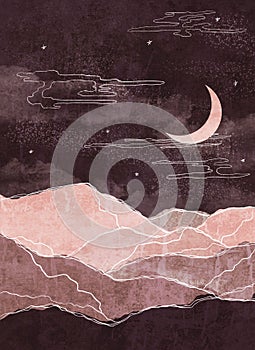 Abstract Landscape of Mountains with the Moon in a Minimal Trendy Style. Purple Colors for covers, Posters, Postcards