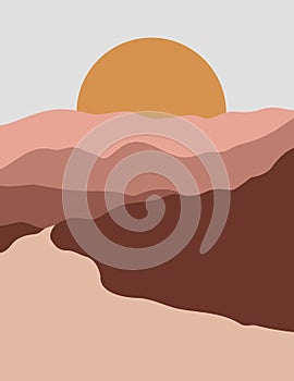 Abstract Landscape of Mountains and Rivers with the Sun in a Minimal Trend Style. Vector Background in Pastel Colors