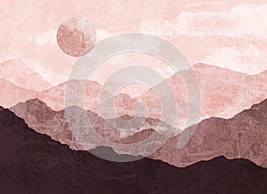 Abstract Landscape of Mountains with the Sun in a Minimal Trendy Style. Terracotta Colors for covers, Posters, Postcards