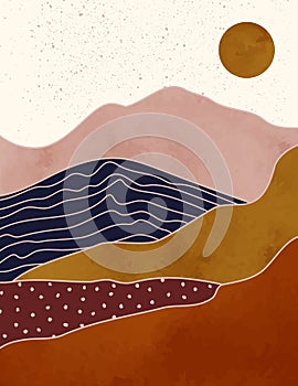 Abstract Landscape of Mountains with the Sun in a Minimal Trendy Style. Vector Background in Terracotta Colors