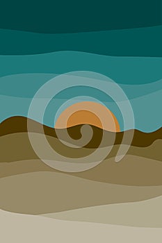Abstract landscape, mountains and sun, sunset. Natural tones, terracotta colors. Boho style wall decor. Modern minimalist art