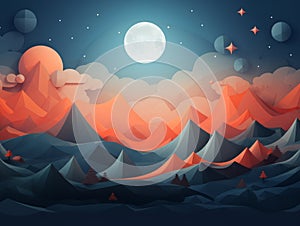 an abstract landscape with mountains trees and a full moon