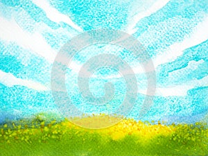 abstract landscape nature green meadow golden yellow flower field land grass blue sky color background mind spiritual holistic