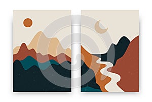 Abstract landscape posters. Contemporary boho background set, modern sun moon mountains minimalist wall decor. Vector art print photo